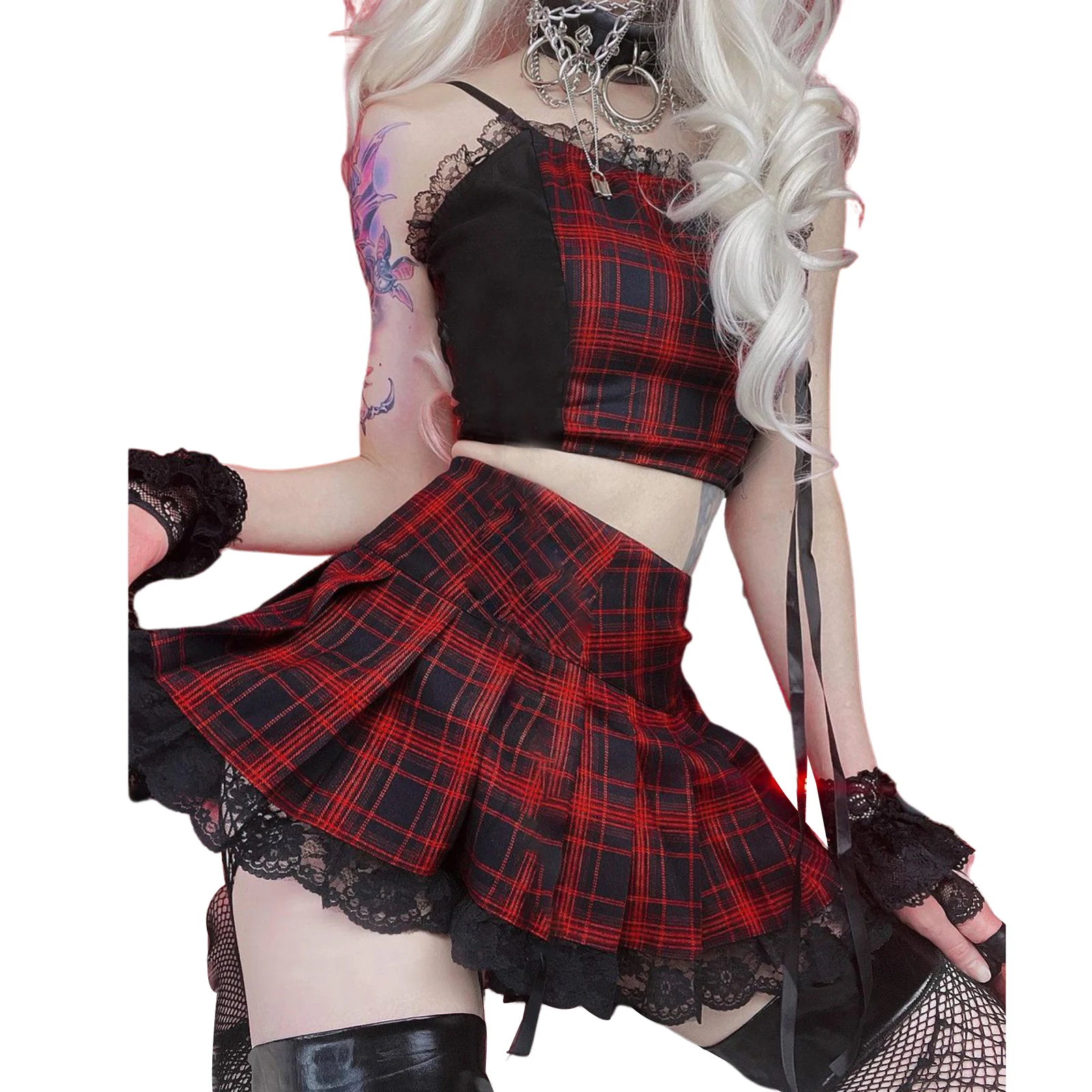 

Halloween Ladies Casual Clothes, Red Black Plaid Lace Splicing Sleeveless Midriff-baring Camisole, Short Pleated Skirt
