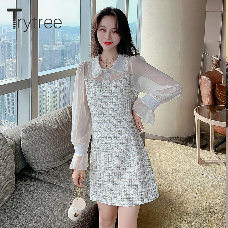 Женское платье с круглым воротником рукавом бабочкой и воланом|Женские платья| |