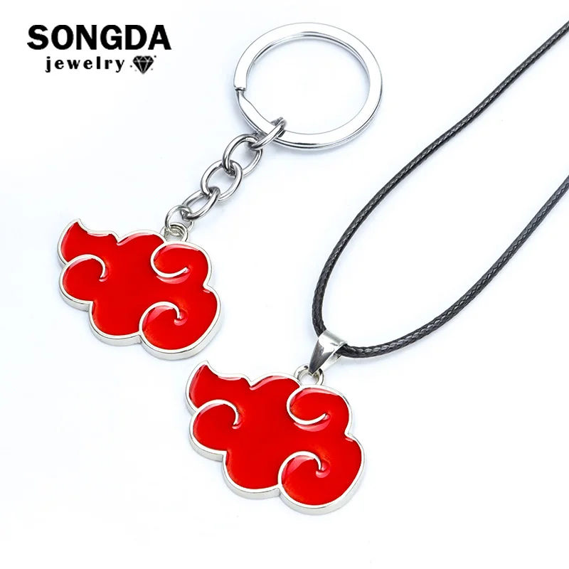 

Anime Red Cloud Pendant Keychain Necklace Alloy Fashion Cosplay Key Ring Konoha Symbol Akatsuki Organization Enamel Jewelry Set