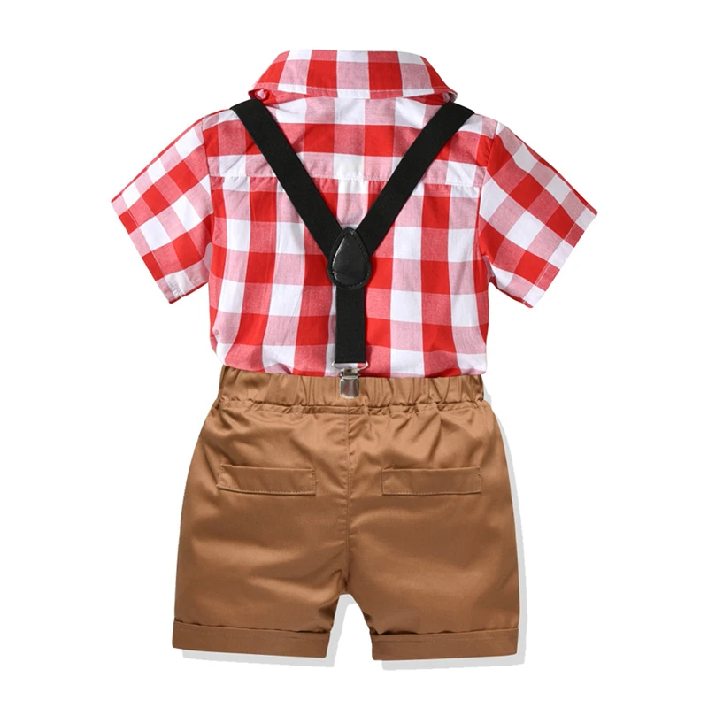 New Summer Baby Boy Gentlemen Clothes Set Plaid Bow Tie Shirts Top Overalls Suspender Pants Shorts 2PCS Outfit Kid Party |