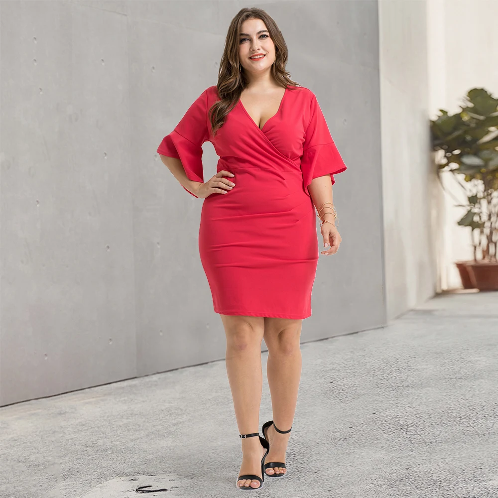 Женское платье-трапеция с V-образным вырезом Расклешенным рукавом | Женская