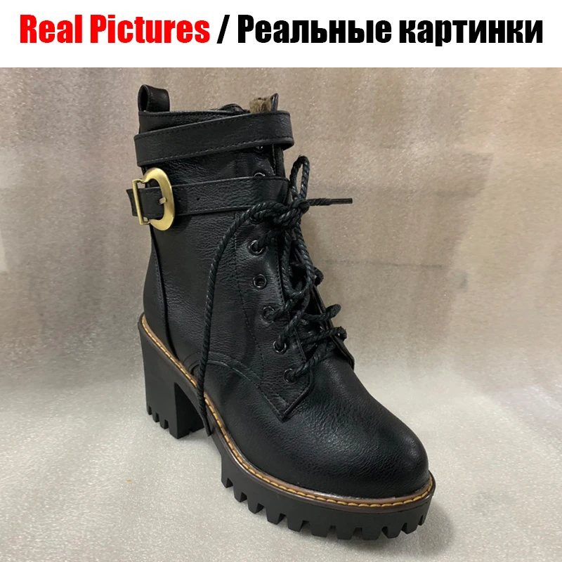 BONJOMARISA/ г.; модные однотонные черные мотоциклетные ботинки на платформе; женские зимние ботинки на высоком каблуке со шнуровкой и пряжкой на ремешке; женская обувь; Размеры 33-43