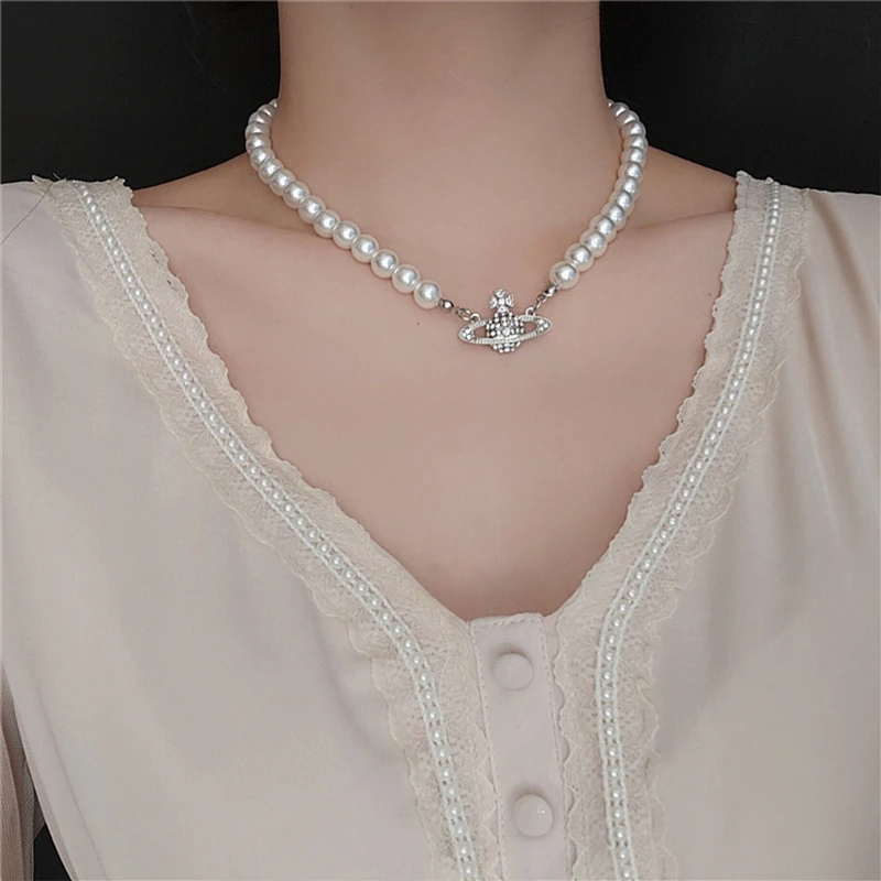 

Planet Pearl Choker Necklaces for Women Crystal Rhinestone Pearl Bead Necklaces Ladies Wedding Pearl Bead Chain Neckalce