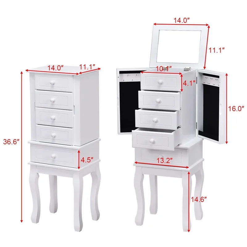 

Wood Freestanding Armoire Storage Jewelry Cabinet MDF Body Wood Leg Dressing Mirror Assembly Required Jewelry Organizer HW56233