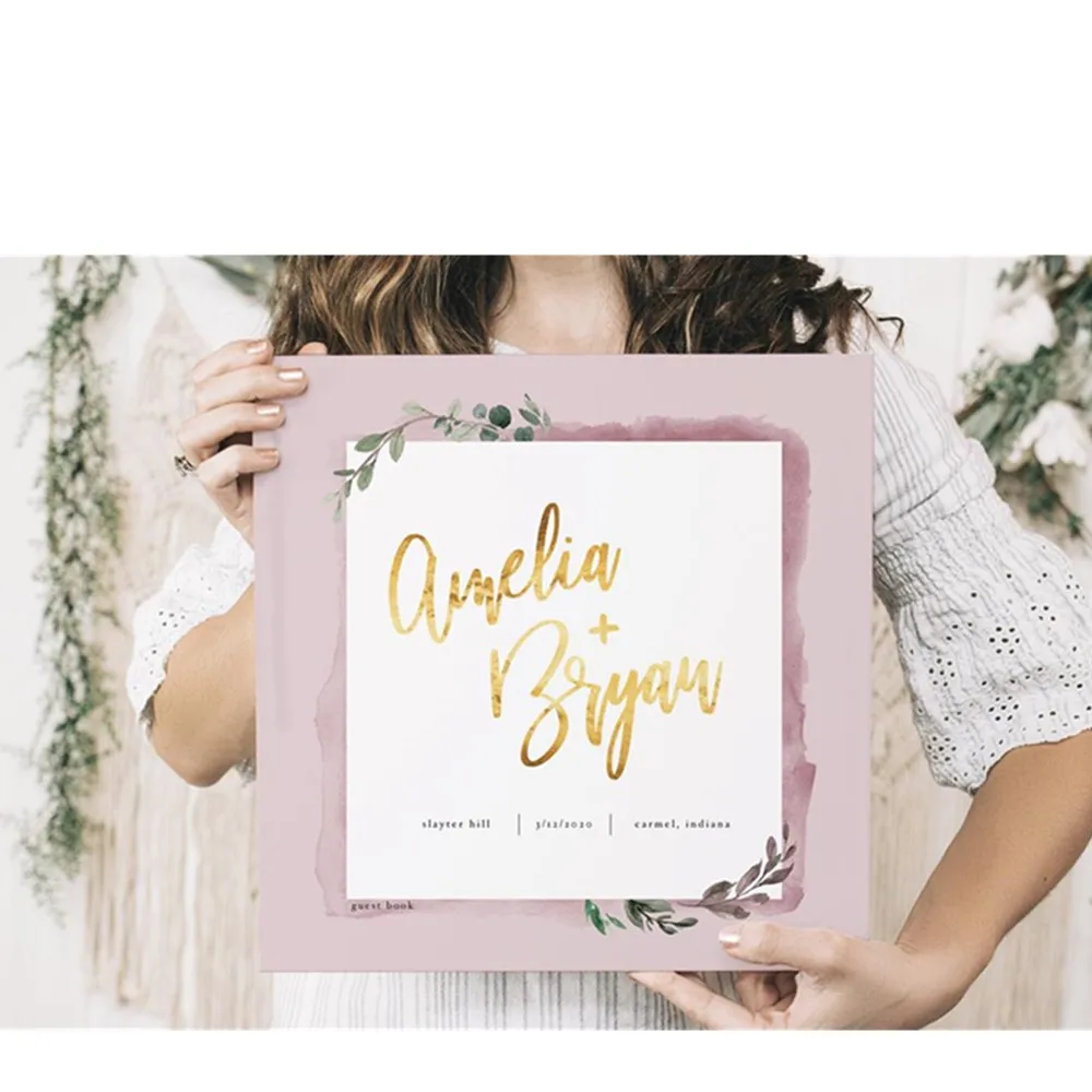 

personalize Blush Pink Wedding Guest Book Gold Foil Horizontal bridal shower Rustic Birthday Hardcover Instant Photo book booth