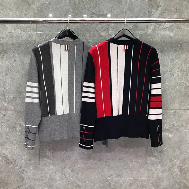 

TB 2021 Fashion THOM Brand Sweaters Men Women Slim V-Neck Cardigans Clothing Patchwork Striped Wool Spring Autumn Casual Coat