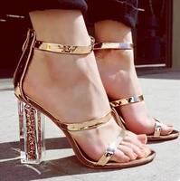 latest women open toe strappy ankle strap gold sandals crystal transparent clear block thick high heel wedding shoes
