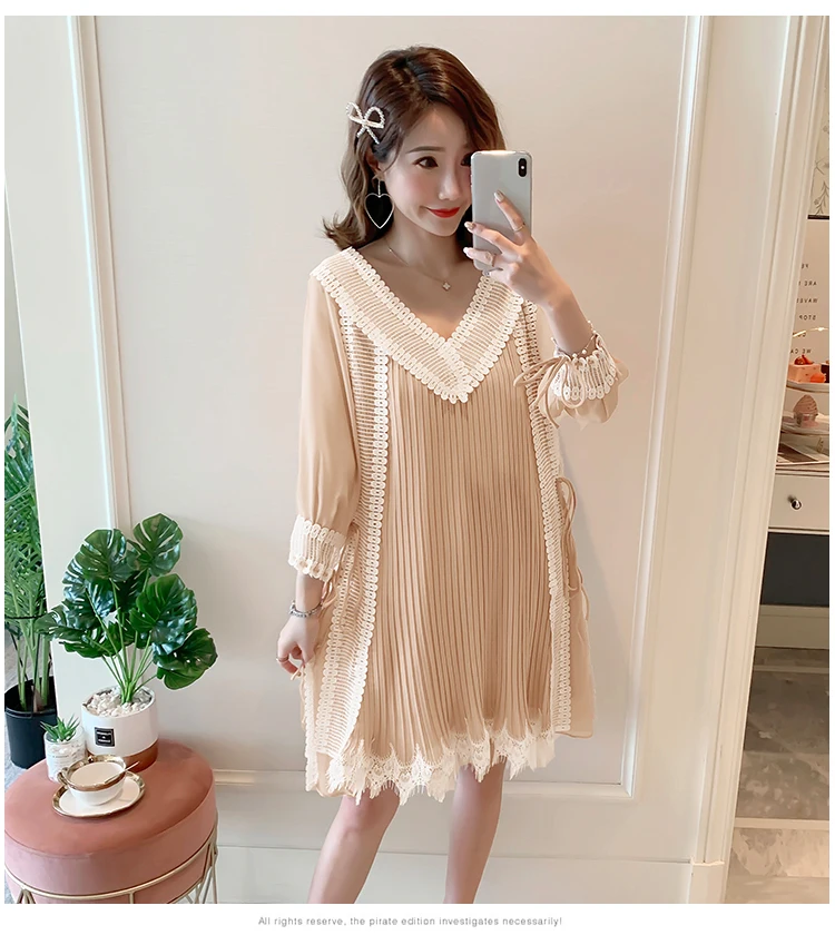 Summer Sleeveless/Long Sleeve Maternity Chiffon Pleated Dress V-neck Lace Patchwork Tassel Hem Pregnant Women Dress Sweet