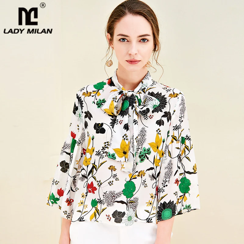 100% чистый шелк Женские Подиумные рубашки воротник с бантом 3/4 рукава цветочным