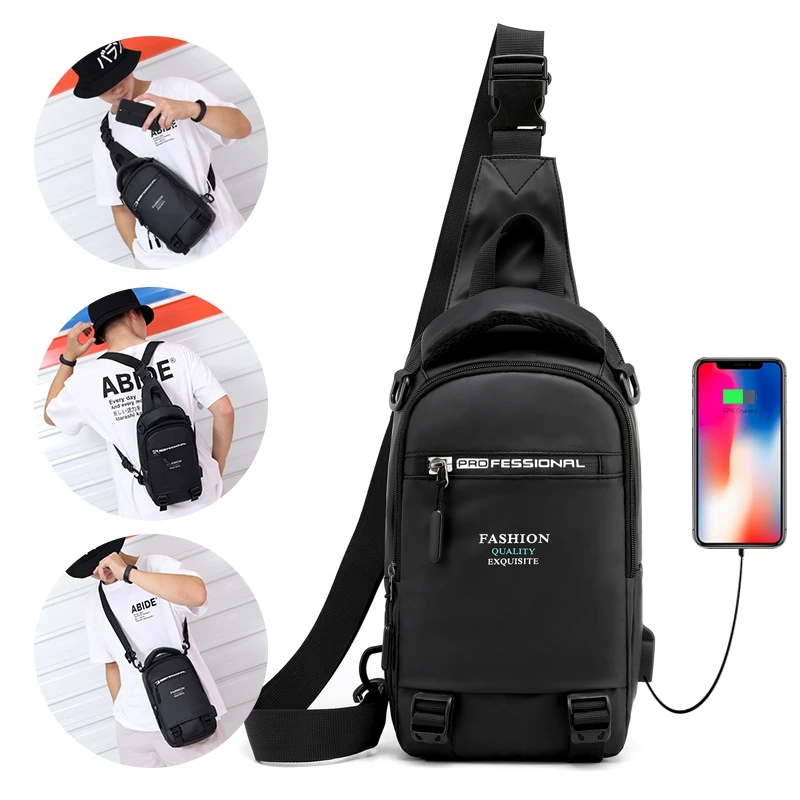 Weysfor Nylon Chest Bags USB Charging Male Cross Body Military Multi-Layer Men Rucksack Sling Rucksack Bag One Shoulder Backpack