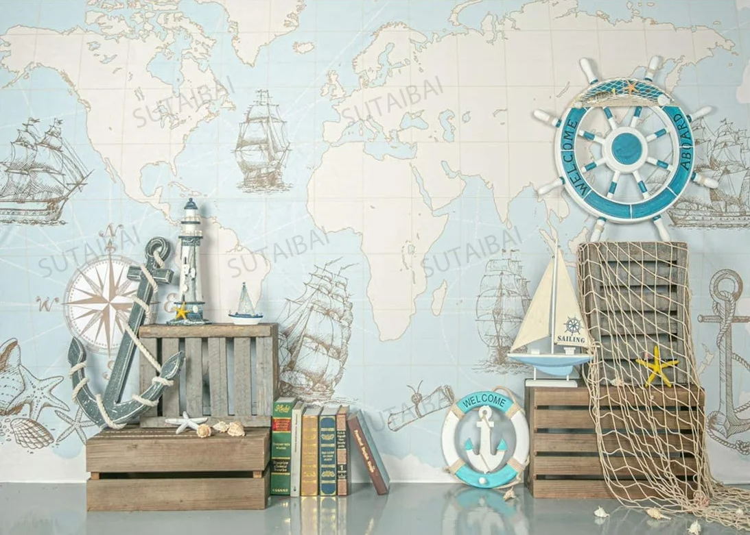 7x5ft Nautical Theme Photography Backdrops Summer Sea World Map Anchor Rudder Little Sailor  Birthday Party Photo Background enlarge
