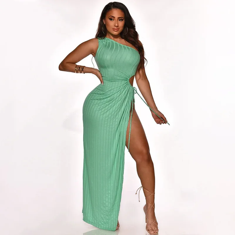

2021 Summer One Shoulder Party Dress Women Side Split Sexy Nightclub Bow Maxi Long Dresses Solid Sleeveless Sundress Vestidos