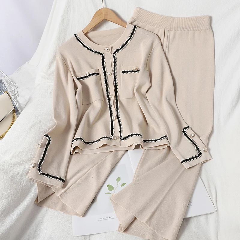 

Autumn Women’s Knitted Sweater Pants Two Pieces Set Elegant O-Neck Cardigan Tops + Wide leg pants Femme Casual Tracksuit Suit
