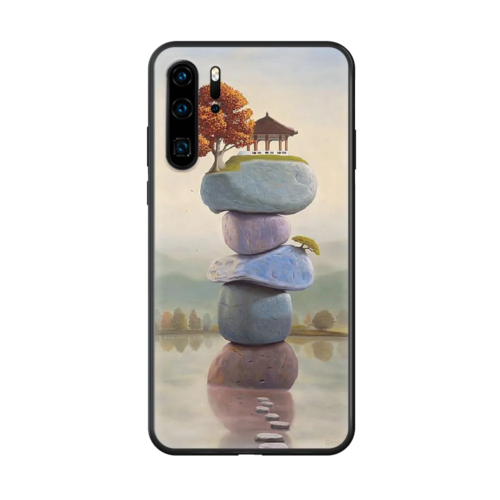 

Nice pebbles Phone case For Huawei P 30 10 20 40 Lite Smart Z Pro 2019 black cover painting coque art prime silicone bumper