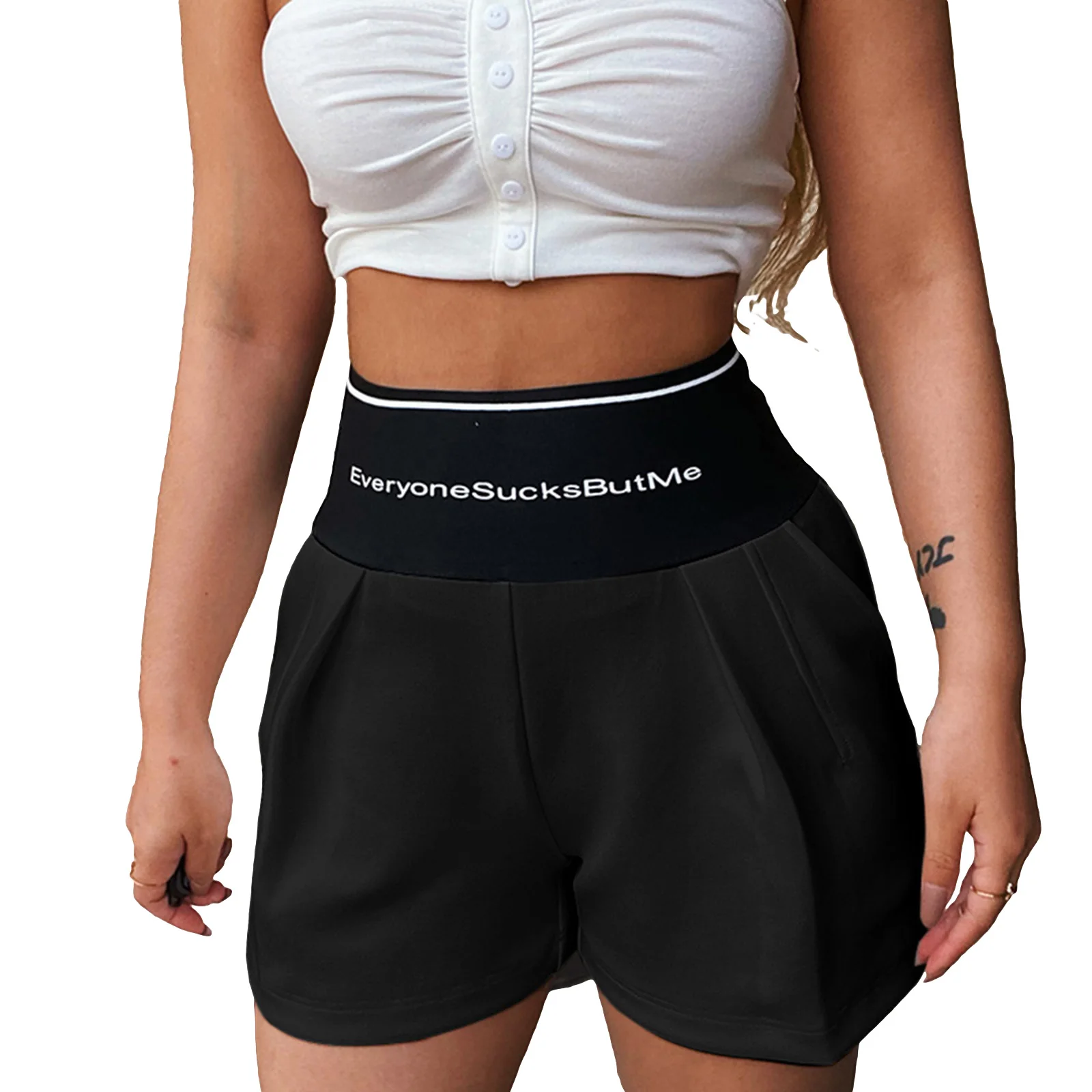 

Female Shorts, Women s Letter Print High Elastic Waist Short Straight-Leg Pants for Summer, Black/White, S/M/L
