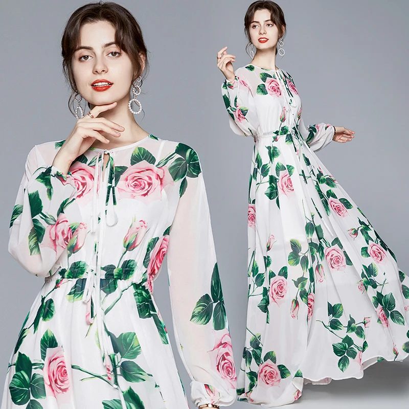 

Women Summer Fashion Casual Runway White Floral Printing Long Sleeve Maxi Chiffon Dress Vestido