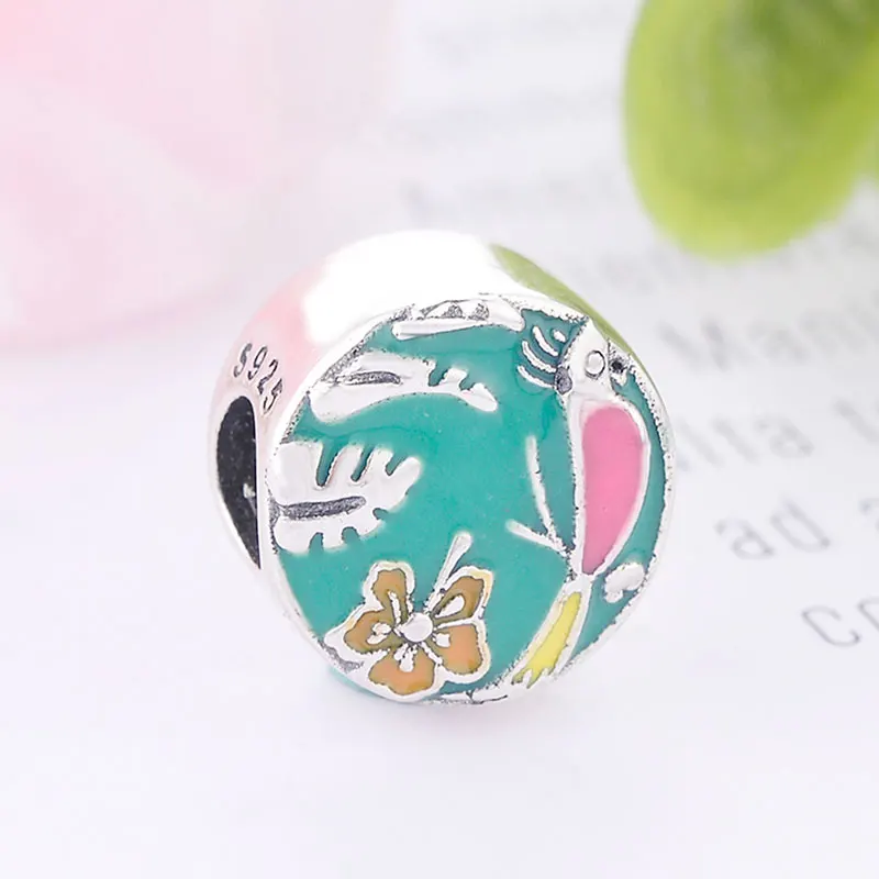 100% Серебро 925 пробы Очаровательная розовая птица желтый цветок лист бисера