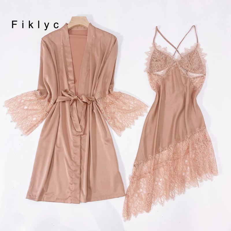 

Fiklyc 2021 New Arrival Women's Backless Sleeveless Nightdress + Long Sleeve Lace Cuff Bathrobes 2Pieces Sexy Robe Gown Pyjamas
