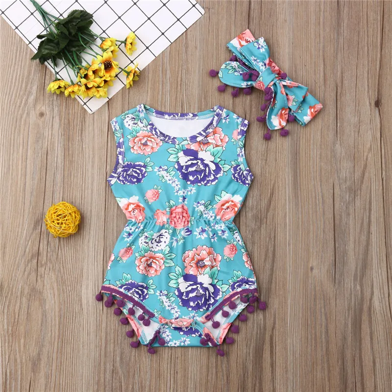 2020 Baby Summer Clothing Infant Newborn Girl Boy Tassel Romper Headband Pineapple Outfit Sleeveless Floral 2pc Jumpsuit | Детская