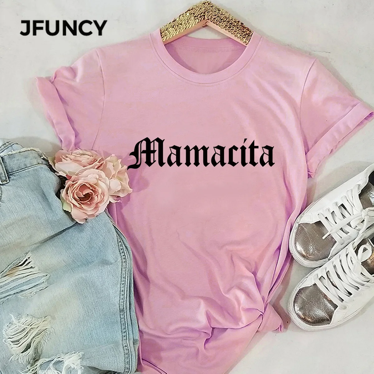 JFUNCY  Short Sleeve Woman Tshirt Mamacita Letter Print T Shirt Women Casual Loose T-shirt Summer Tees 100% Cotton Tops