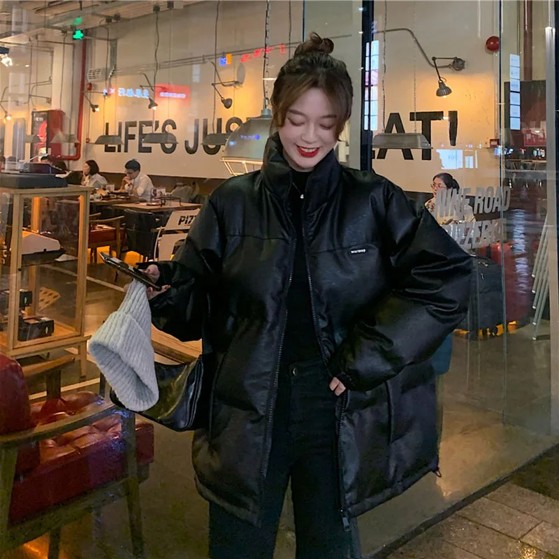 LDKVGSU Faux Leather Jacket Women Puffer Parka Black Bright Color Thick Korea Winter New Pu Oversized Coat Female Outerwear s971