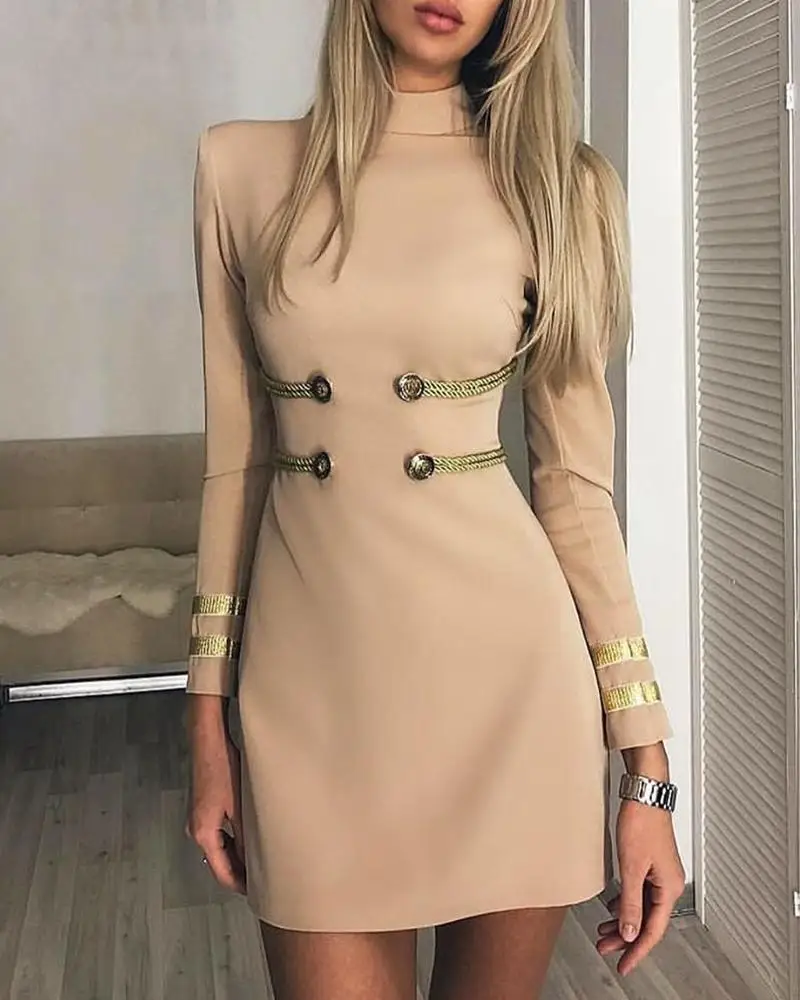 Женское повседневное однотонное облегающее платье с воротником-стойкой и