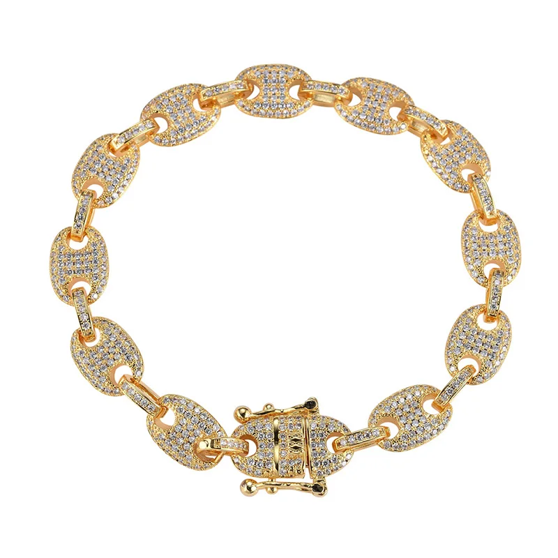 

9mm Hip Hop Full AAA Zircon Ice Out Bling Solid Coffee Beans Link Chain Bracelets for Women Men CZ Rapper Jewelry Drop Shipping