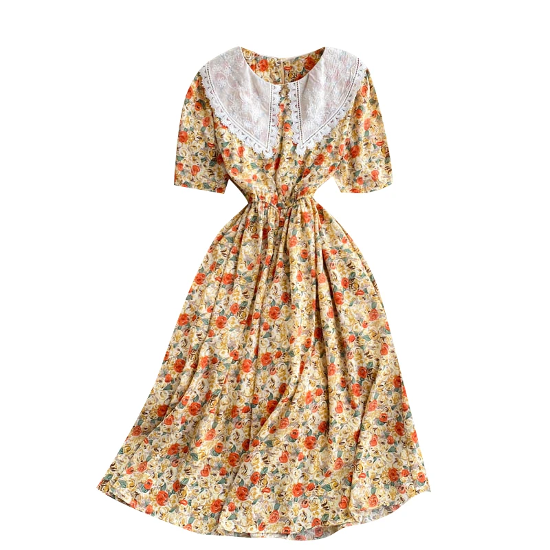 

French dress designer niche summer sweet baby brought into color stitching, broken flower skirt platycodon