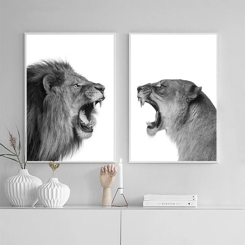 

Lion and Lioness Canvas Poster Black White Woodlands Animal Wall Print Painting Nursery Wall Art Picture for Living Room Decor