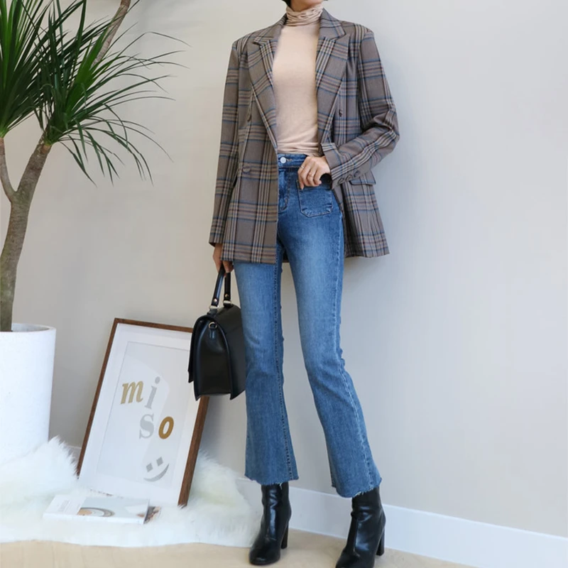 Женский винтажный двубортный блейзер в клетку куртка с карманами женское