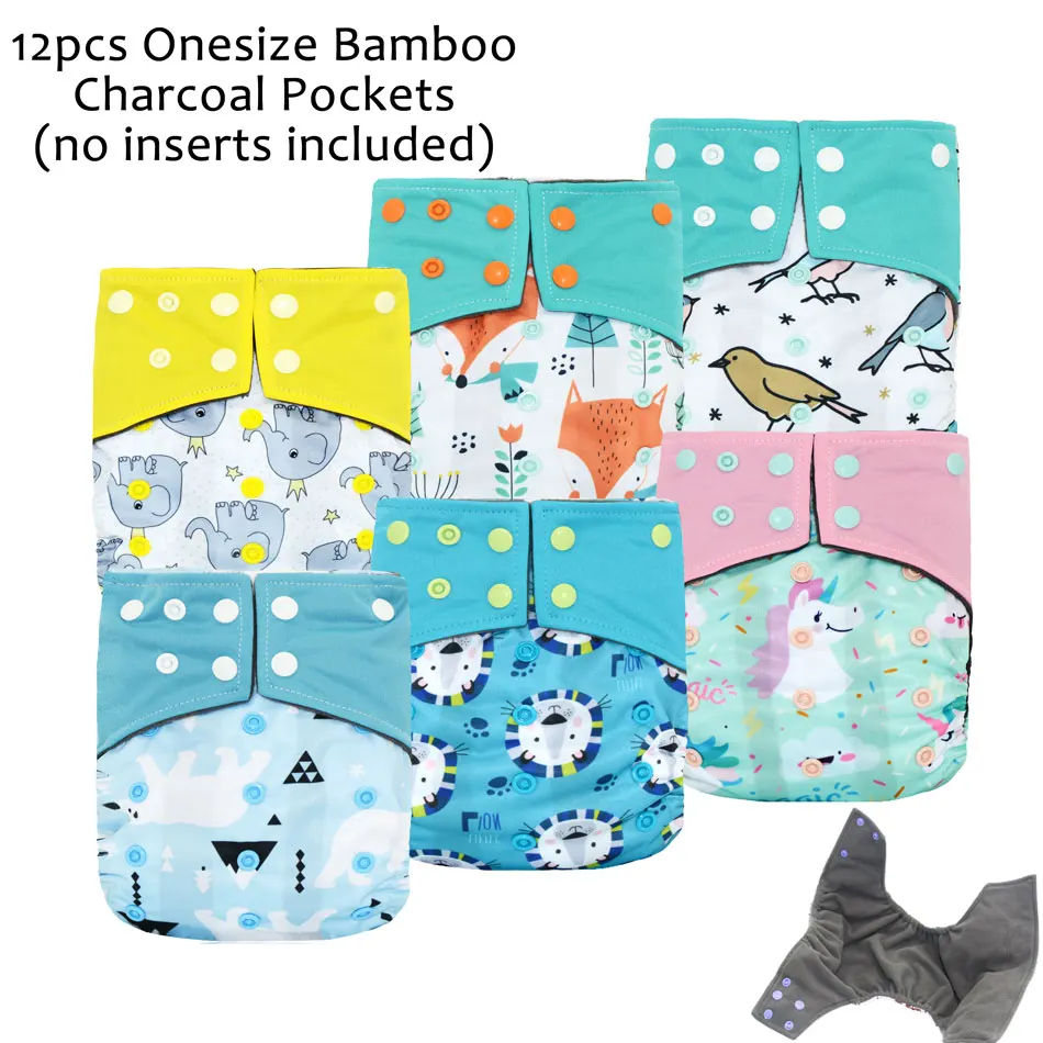 12pcs/lot WizInfant Waterproof and Adjustable Charcoal Bamboo Pocket Cloth Diaper