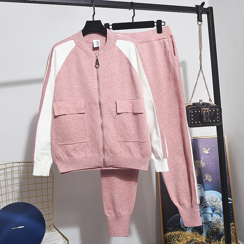 Корейский Розовый спортивный костюм женский вязаный кардиган длинные штаны