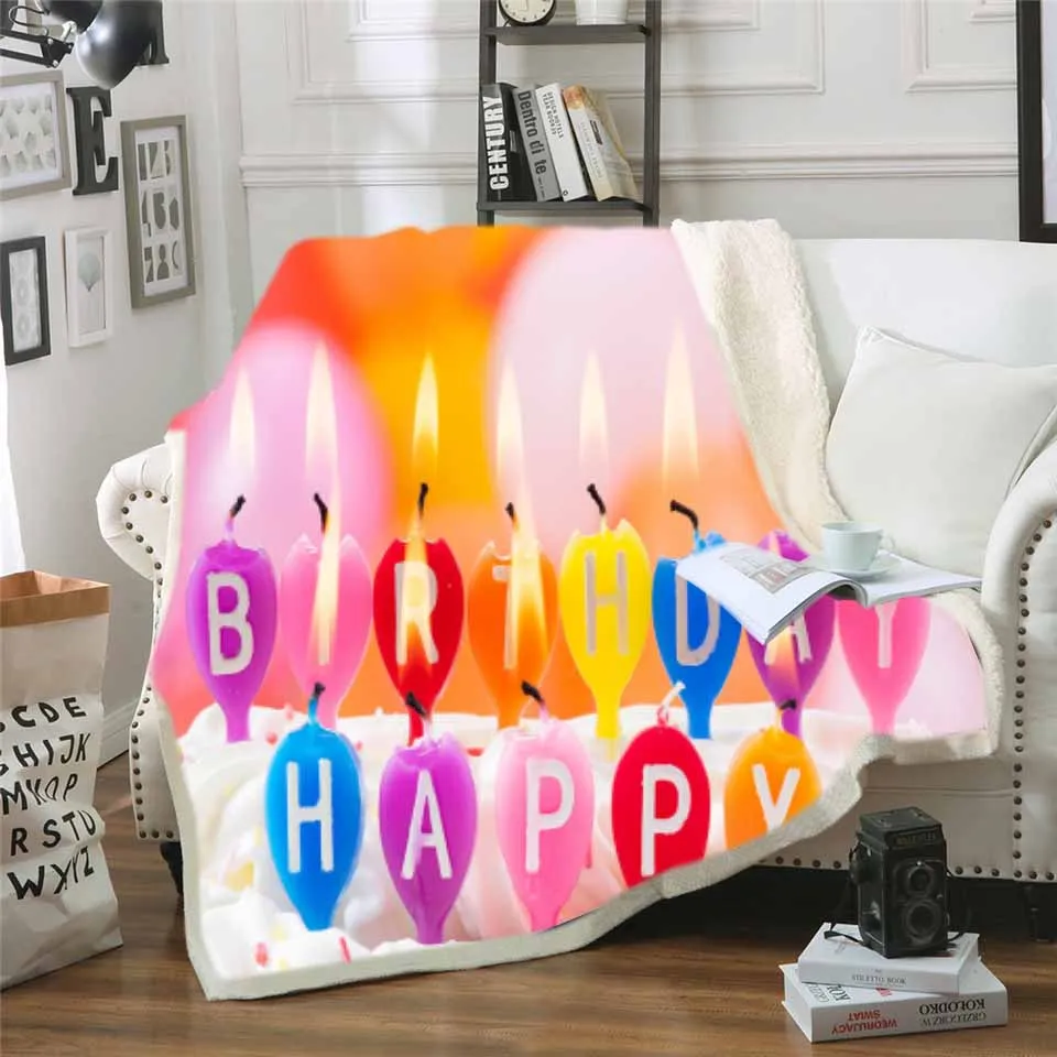 С Днем Рождения шерпа Флисовое одеяло свеча печать дома теплый плюшевый пледы