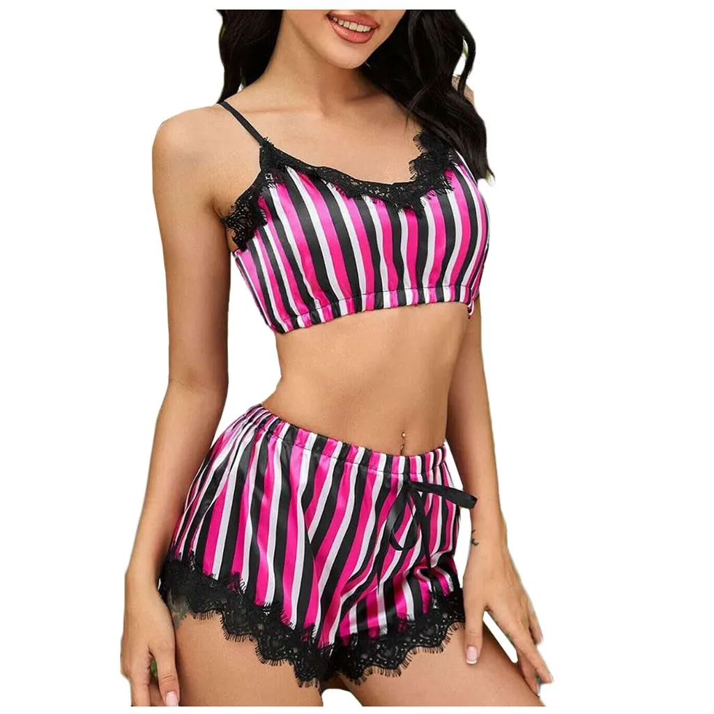 

Sexy Women Striped Satin Silk Lace Sleepwear Lace Floral V Neck Sleeveless Lingerie Tops+Nightwear Shorts Women Pajamas Sets WL