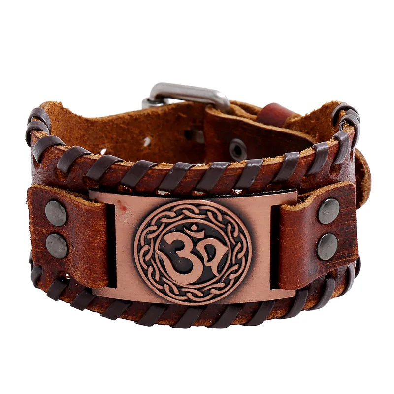 

Vintage Men's Woven Adjustable Leather Bangle, Buddha Symbol Bracelet Vintage Jewelry Nordic Wide Bracelet Viking Men's Bangle