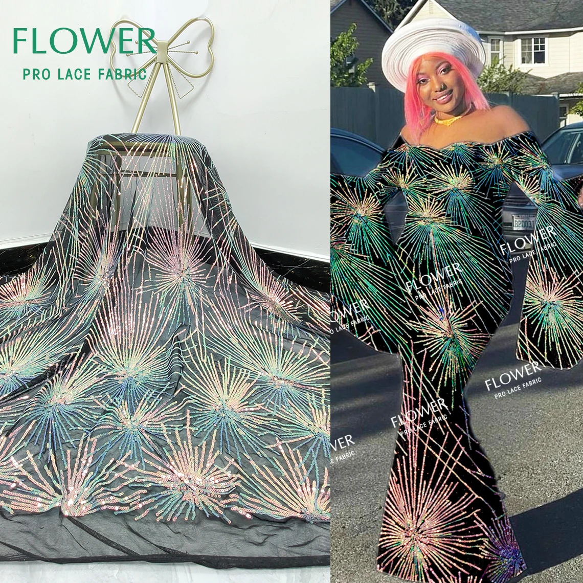 Черная сенегавская французская сетчатая кружевная ткань с блестками