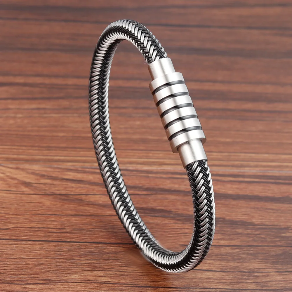 New Punk Black and White Braided Steel Wire Bracelet Magnetic Buckle Simple Style Fashion Wristband Men Stainless | Украшения и