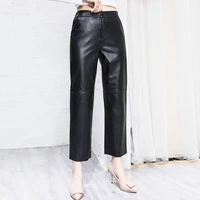 new designer womens autumn high rise leather ninth pants high quality genuine leather straight pants c334