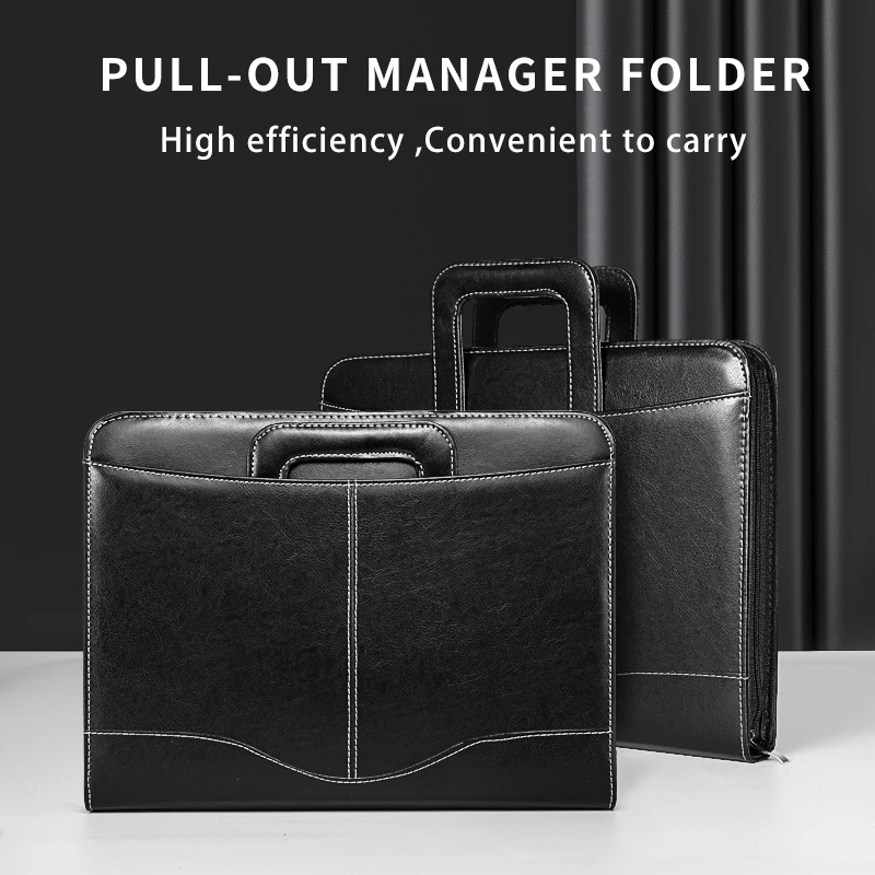 Fashion A4 Document File Folder PU Leather With Calculator Binder Handle Zipper Stationary Business Padfolio manager folder logo