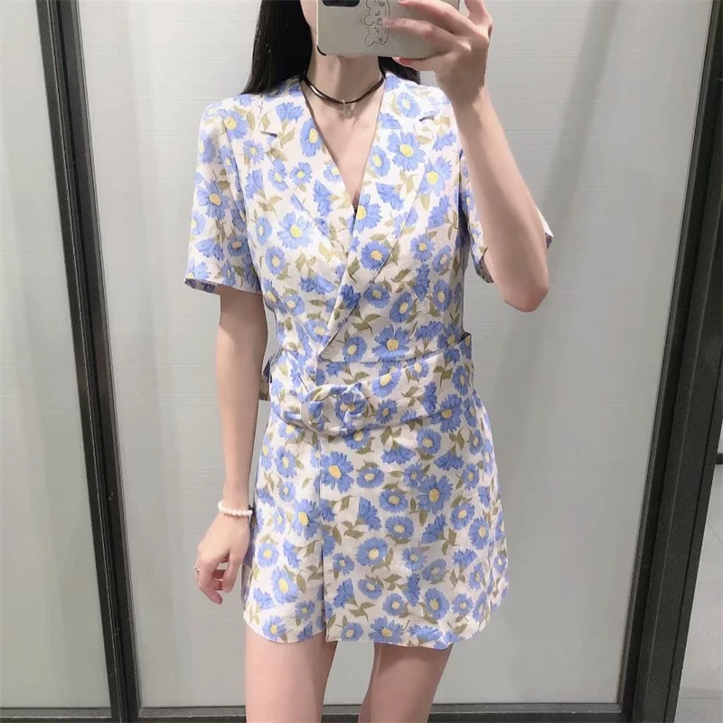 

2021 Za Floral Print Woman Short Jumpsuits Vintage Lapel Short Sleeve Summer Playsuit Fashion Belt Double Button Playsuits Women