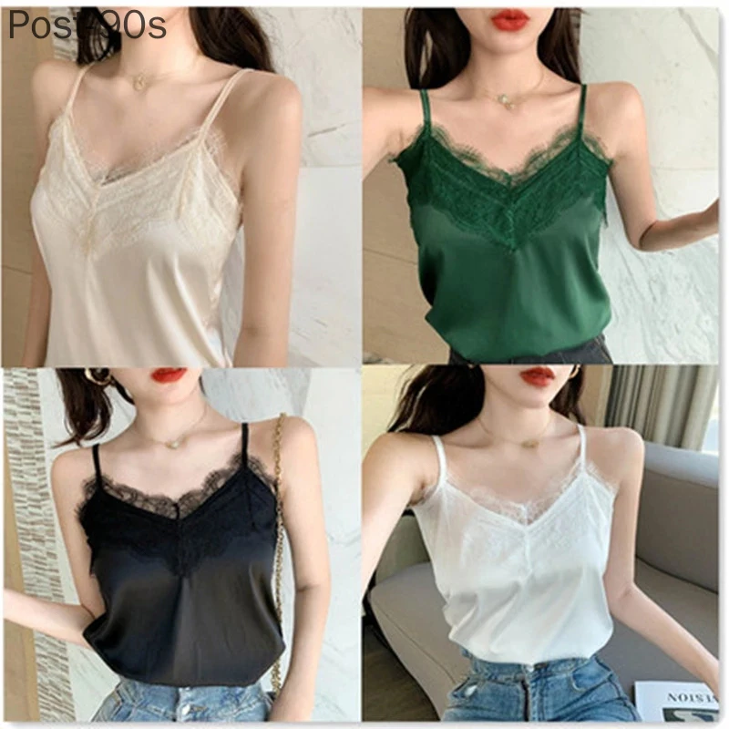 

Sexy Lace Camisole Women Silk V-neck Tops Summer New Sleeveless Casual Tank Tops Female Slim Soft Satin Basic Tops Plus Size