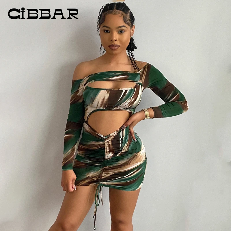 

CIBBAR Skinny Aesthetic Print Hollow Out Slash Neck Slim Mini Dress Women Harajuku Long Sleeve Drawstring Sexy Bodycon Dresses