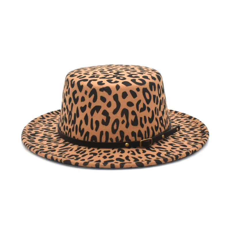 New Leopard Print Flat Top Bowler Hat Winter Autumn Wool Fedora Hat Women Wide Brim British Vintage Belt Jazz Hats P22