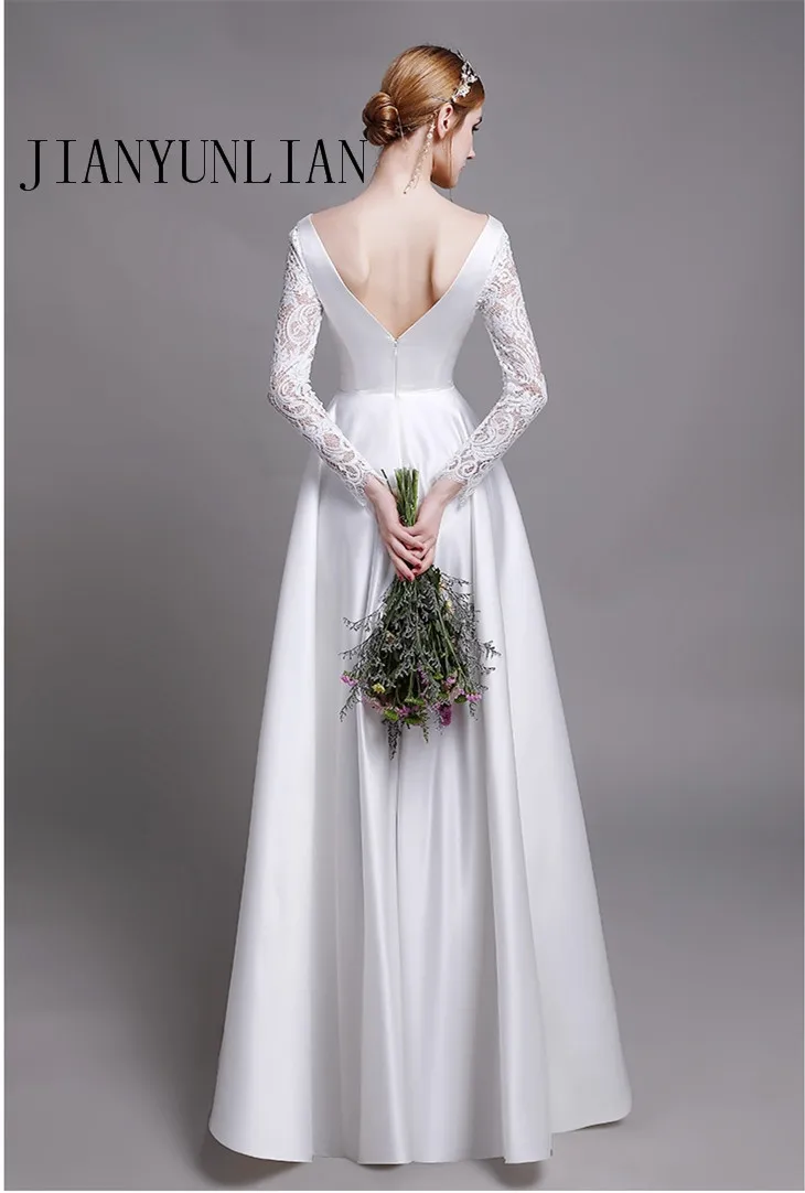 Элегантные атласные свадебные платья с карманами кружевные длинным рукавом