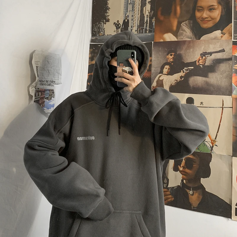 

2019 Winter New Korean Personality Trend Hooded Color Matching Plus Velvet Thickening Couple Loose Casual Street Pullover