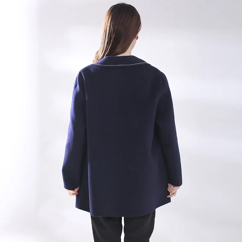

2021 Women's Wool Coat Navy Blue Lapel Woolen Suit Cashmere Coat Winter Casual Streetwear Trench Office Ladies Outwear S8717