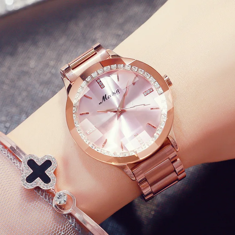 

MEIBIN Women Watch Rose Gold Creative Diamond Stainless Steel Wrist Watch For Ladies Irregular mirror Unique Design reloj mujer