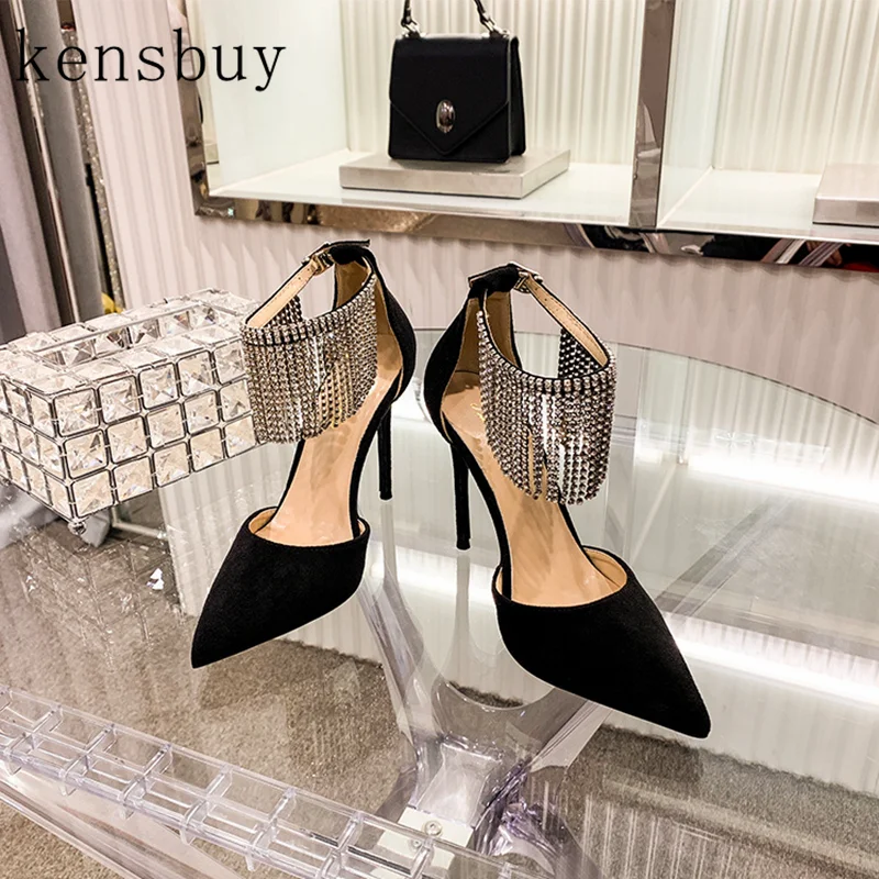 

Women Fashion Sexy Pointed Toe High Heel Shoes Summer Rhinestone Chain Fringe Flock Stiletto Pumps Casual Concise Fairy Shoes