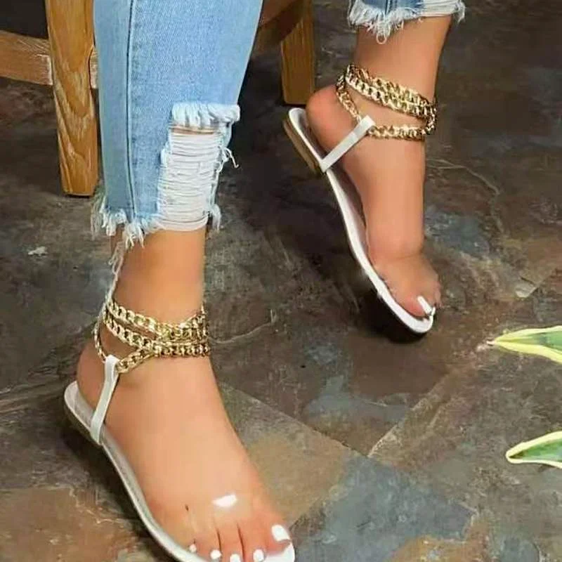 

Summer New Style Flat Sandals Fashion Solid Color Chain Open Toe Outdoor Women's Shoes Plus Size Women Sandals