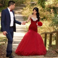 women arabic strapless red long mermaid prom dress party gown tulle formal dresses lace up evening robe de soir%c3%a9e de mariage